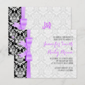 ラベンダーリボン ブラック アンド ホワイト ダマスク ウェディング 招待状 (正面/裏面)