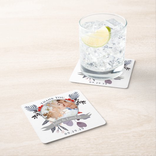 ラベンダーレッドブルーワイルドフラワー開花リース結婚ズ スクエアペーパーコースター (インサイチュ)