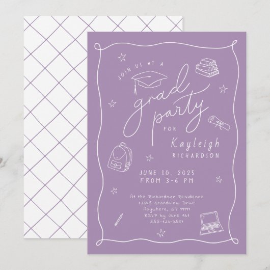 ラベンダーレトロハンドドロードグラードパーティの招待状 案内状 (正面/裏面)