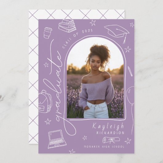 ラベンダーレトロ写真卒業発表 案内状 (正面/裏面)