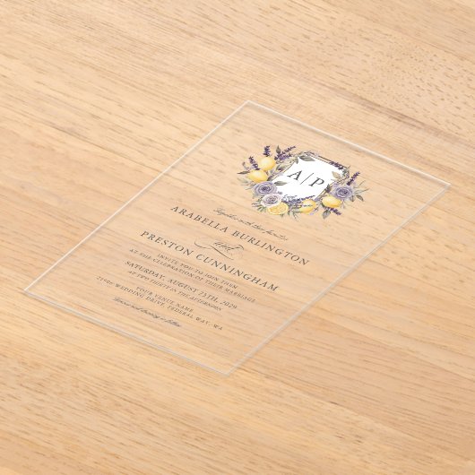 ラベンダーレモンモノグラムフローラ結婚クレスト アクリル招待状 (レイダウン)