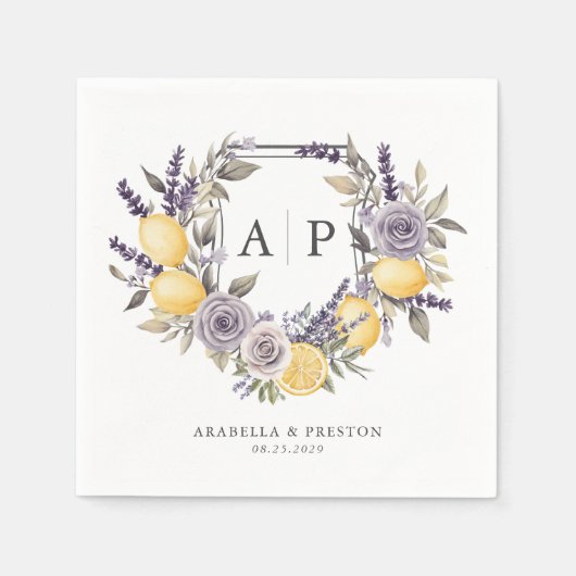 ラベンダーレモンモノグラムフローラ結婚クレスト スタンダードカクテルナプキン (正面)