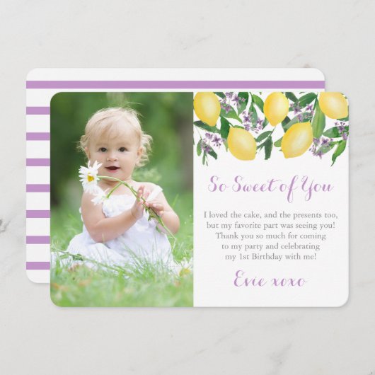 ラベンダーレモン小さな女の子誕生日パーティー写真 サンキューカード (正面/裏面)