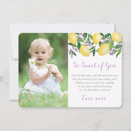 ラベンダーレモン小さな女の子誕生日パーティー写真 サンキューカード (正面)