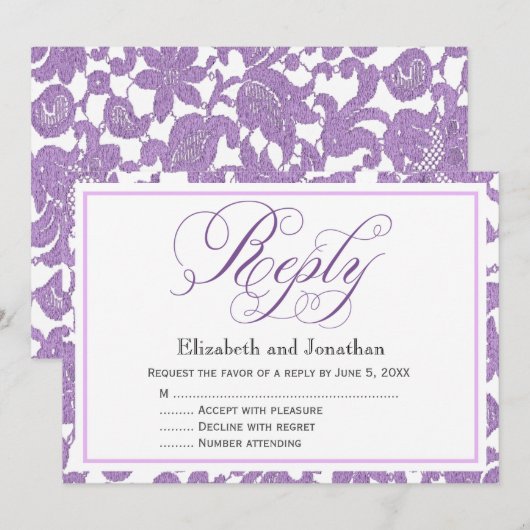 ラベンダーレーススクリプト返信 RSVP 封入カード 招待状 (正面/裏面)
