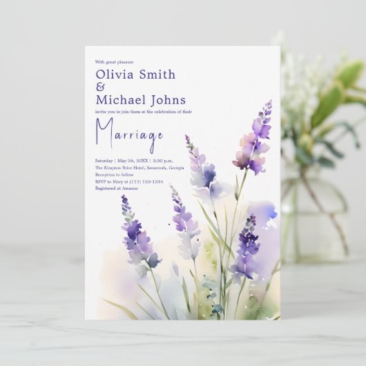 ラベンダーワイルドフラワーウォータカラー結婚式招待状 招待状 (スタンド正面)