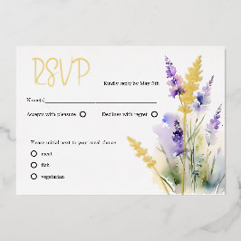 ラベンダーワイルドフラワーウォータカラーRSVP 箔シーズンカード