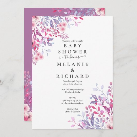 ラベンダーワイルドフラワーズフローラカップル赤ちゃんシャワー 招待状 (正面/裏面)