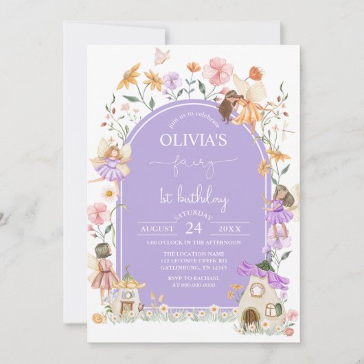 ラベンダーワイルドフラワーフェアリー1st誕生日招待状 招待状 (正面)