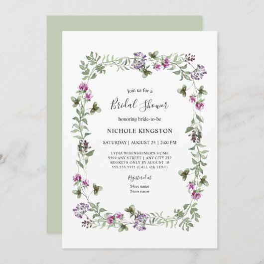 ラベンダーワイルドフラワーフレームブライダルシャワー招待 招待状 (正面/裏面)