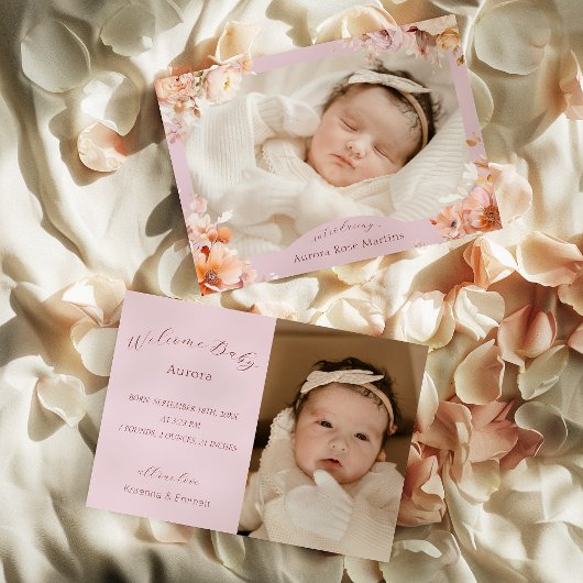 ラベンダーヴィンテージフローラ秋2枚フォト誕生 案内状