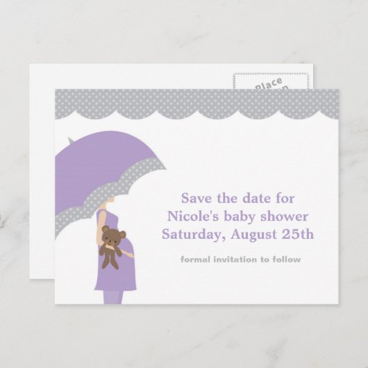 ラベンダー傘の赤ちゃんシャワー日付を保存 案内ポストカード (正面/裏面)