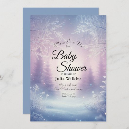 ラベンダー冬の降雪セレナーデベビーシャワー 招待状 (正面/裏面)
