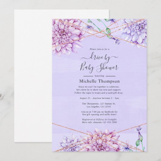 ラベンダー及び金ゴールドのシャワによる幾何学的駆動 招待状 (正面/裏面)