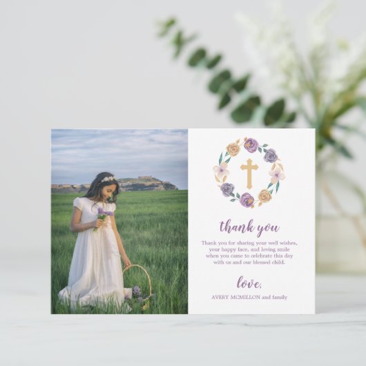 ラベンダー及び金ゴールドの花の十字の最初聖餐式 サンキューカード (スタンド正面)