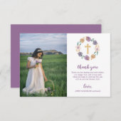 ラベンダー及び金ゴールドの花の十字の最初聖餐式 サンキューカード (正面/裏面)