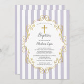 ラベンダー及び金ゴールドフレームの女の子の洗礼 招待状 (正面/裏面)