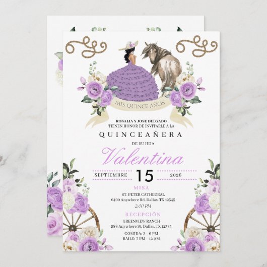 ラベンダー女性のカーボーイウエスタンキンセアニラ 招待状 (正面/裏面)