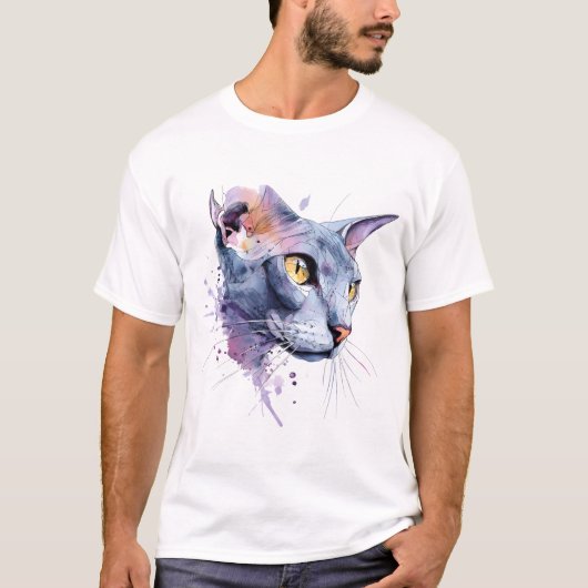 ラベンダー幾何学的水彩猫の顔アート Tシャツ (正面)