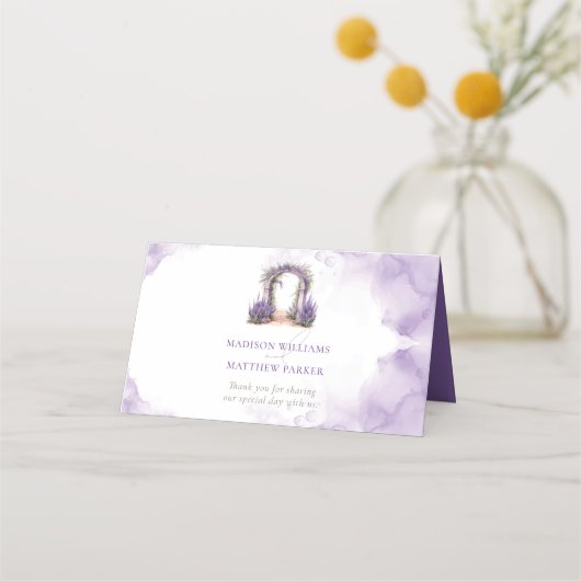 ラベンダー庭園の結婚式パーソナライズされた注記 プレイスカード (裏面)