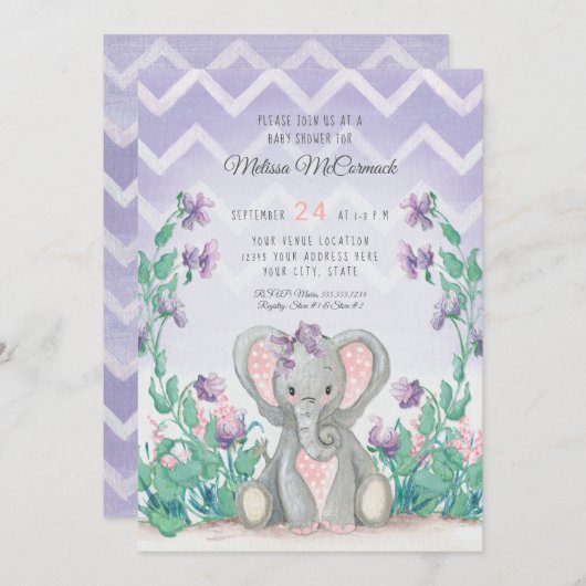 ラベンダー愛らしい象少女ベビーシャワーストライプ 招待状 (正面/裏面)
