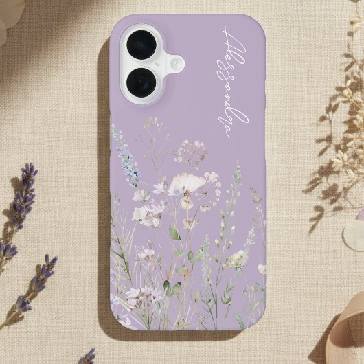 ラベンダー水彩の野の花 iPhone 16ケース