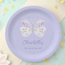 ラベンダー水彩チョウ1歳の誕生日パーティー ペーパープレート