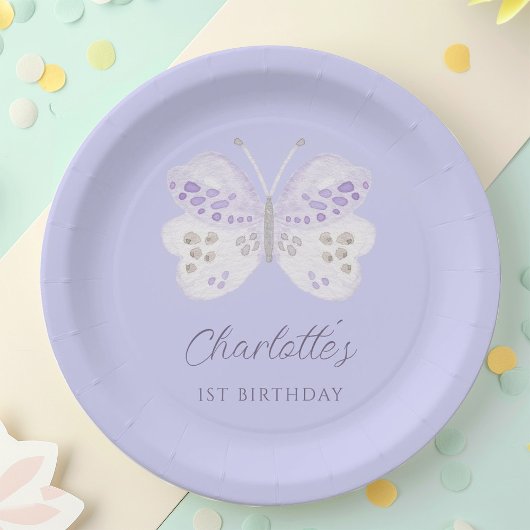 ラベンダー水彩チョウ1歳の誕生日パーティー ペーパープレート
