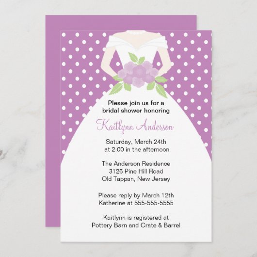 ラベンダー水玉模様ブライドブライダルシャワー招待 招待状 (正面/裏面)