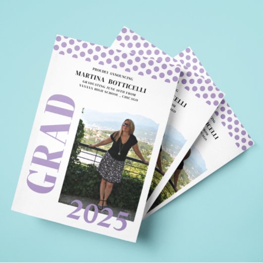 ラベンダー水玉模様写真卒業発表 案内状