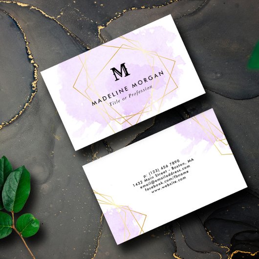 ラベンダー水色金ゴールド幾何フェイクモノグラム 名刺