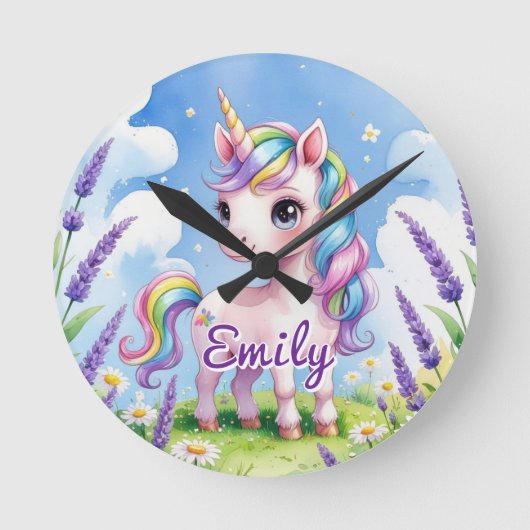 ラベンダー畑のユニコーン　名前入りの時計 ラウンド壁時計 (正面)