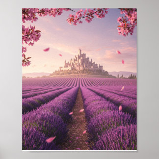 ラベンダー畑の幻想的な城のポスター – 桜 ポスター
