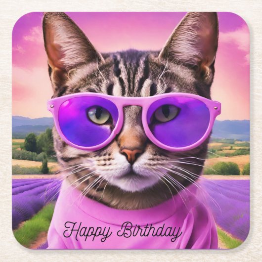 ラベンダー畑の誕生日ネコ スクエアペーパーコースター (正面)