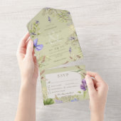 ラベンダー素朴ワイルドフラワーセージ緑のディナー オールインワン招待状 (貼ってはがせる)