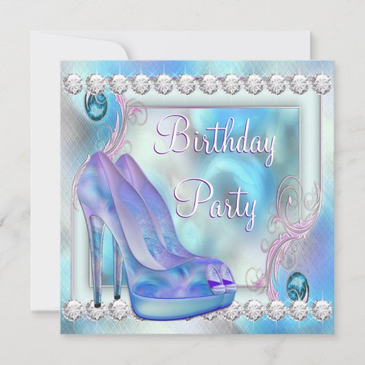 ラベンダー紫のハイヒールシューズの誕生日パーティー 招待状 (正面)