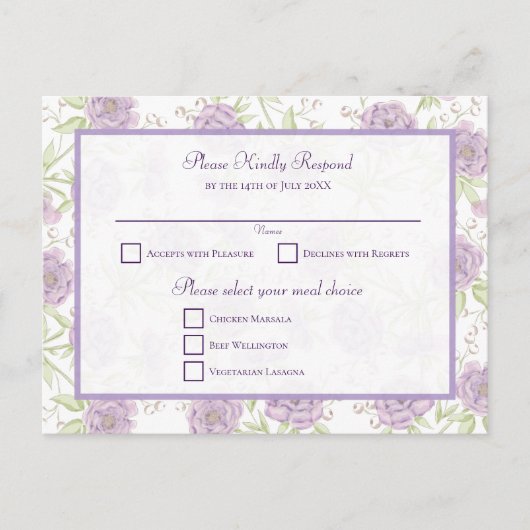 ラベンダー紫のバラの結婚式RSVP シーズンポストカード (正面)
