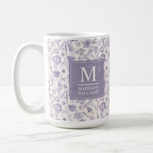 ラベンダー紫の水彩花柄フラワー模様 コーヒーマグカップ (左)