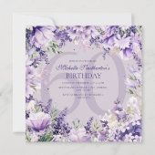 ラベンダー紫の水彩花柄年齢の誕生日 招待状 (正面)