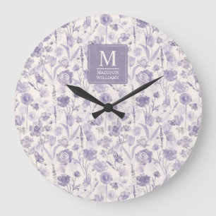 ラベンダー紫の水彩花柄 ラージ壁時計