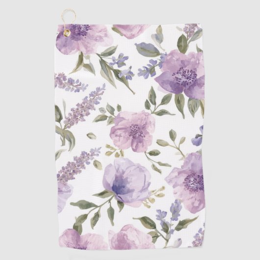 ラベンダー紫の花の水彩植物画 ゴルフタオル (正面)