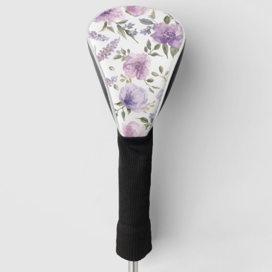 ラベンダー紫の花の水彩植物画 ゴルフヘッドカバー (正面)