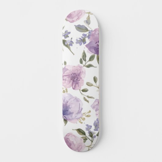 ラベンダー紫の花の水彩植物画 スケートボード (正面)