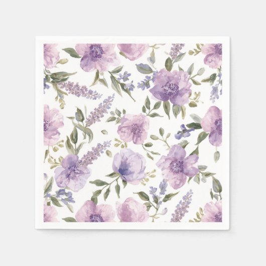 ラベンダー紫の花の水彩植物画 スタンダードカクテルナプキン (正面)