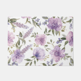 ラベンダー紫の花の水彩植物画 ドアマット