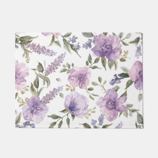 ラベンダー紫の花の水彩植物画 ドアマット (正面)