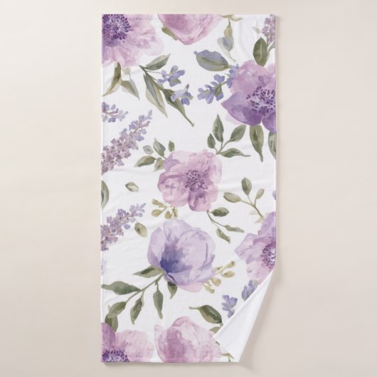 ラベンダー紫の花の水彩植物画 バスタオル (バスタオル)