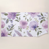 ラベンダー紫の花の水彩植物画 ビーチタオル (正面)