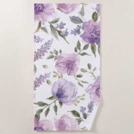 ラベンダー紫の花の水彩植物画 ビーチタオル