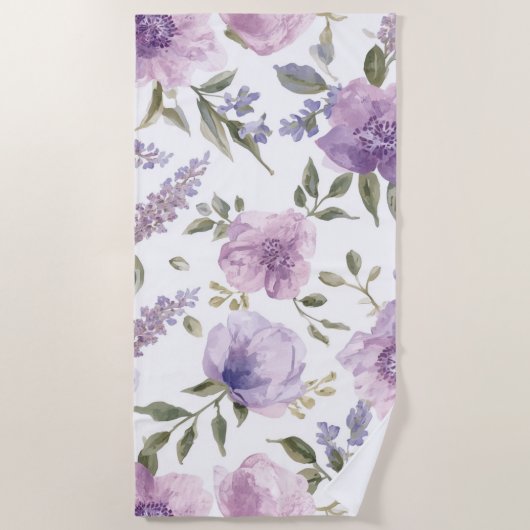 ラベンダー紫の花の水彩植物画 ビーチタオル (正面)